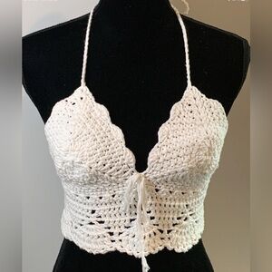 Handmade White Crochet pointelle Halter Top Boho Hippie Vintage Retro Beach